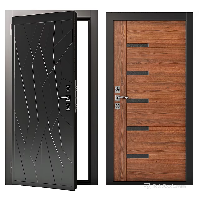 Modern Flush Doors With Black Geometric Design And Wood Grain Horizontal Strips 3d model 