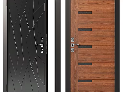 Modern Flush Doors With Black Geometric Design And Wood Grain Horizontal Strips 3d model