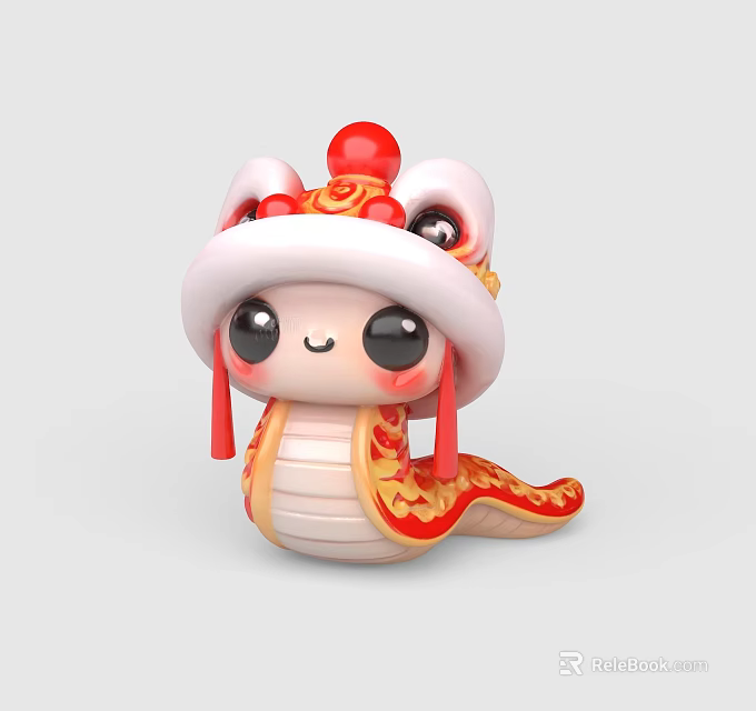Cartoon Lion Dance Head Decorative Ornament Set With Red White Golden Decorations And Tassels 3d model 