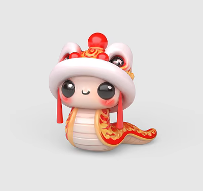 Cartoon Lion Dance Head Decorative Ornament Set With Red White Golden Decorations And Tassels 3d model