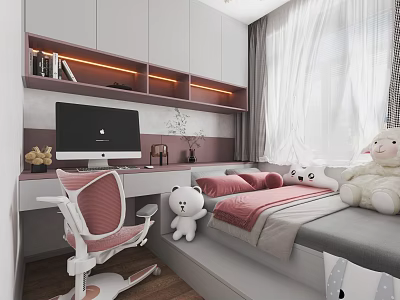 Kids Room Interior Design With Desk Computer Pink Chair Bed Stuffed Toys Bookshelf Curtains 3d model