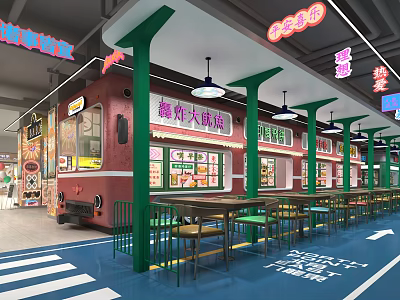 Red Food Truck Style Restaurant With Green Columns Hanging Lights Long Tables And Blue Floor 3d model
