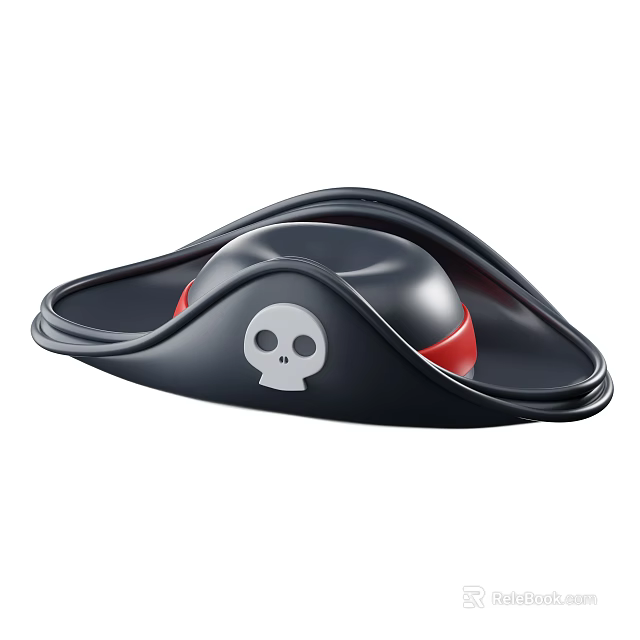 Black Pirate Hat with White Skull Design and Red Trim Decoration 3d model 