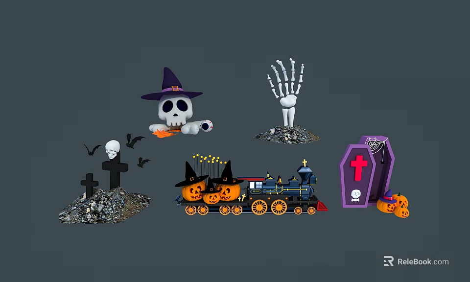 Halloween Decorative Items With Witch Hat Skull Skeleton Hand Pumpkin And Coffin 3d model 