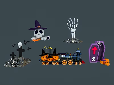 Halloween Decorative Items With Witch Hat Skull Skeleton Hand Pumpkin And Coffin 3d model