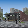 Modern Metro Station Entrance With Canopy Pedestrians Trees And Near Buildings