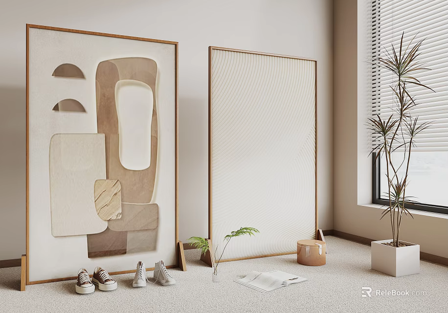 Modern Room Divider With Geometric Patterns Neutral Tones In Home Interior Green Plant Shoes And Carpet 3d model 