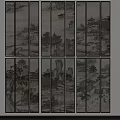 Ink Wash Chinese Landscape Painting on Screen Panels with Ancient Buildings and Mountain Water Scenery