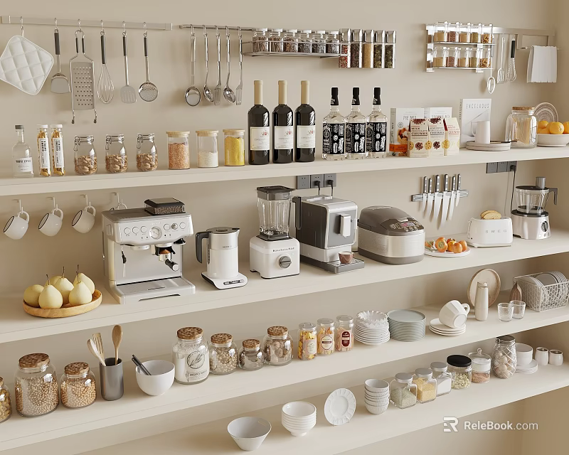 Organized Kitchen Shelves Display With Coffee Maker Blender Toaster Jars Utensils Lemons 3d model 