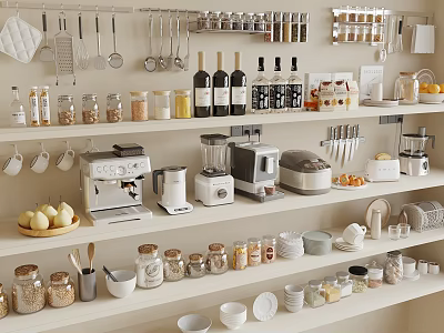 Organized Kitchen Shelves Display With Coffee Maker Blender Toaster Jars Utensils Lemons 3d model