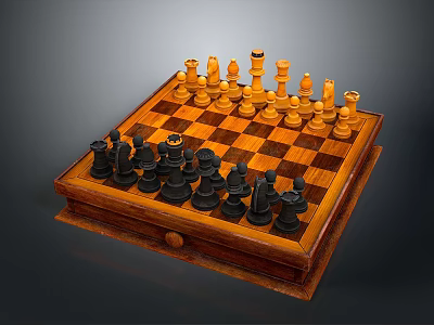 Wooden Chessboard With Black And White Chess Pieces Arranged On Checkerboard Surface 3d model