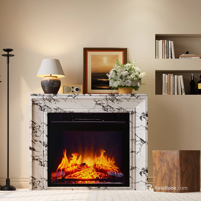 Marble Fireplace With Table Lamp Radio Painting And Flowers On Mantel Near Bookshelves With Books 3d model 