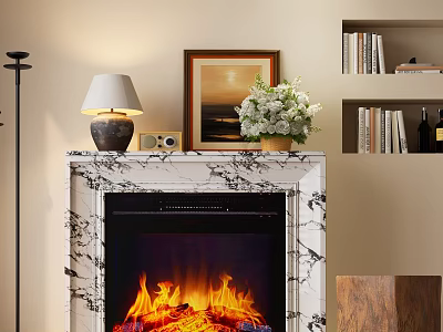 Marble Fireplace With Table Lamp Radio Painting And Flowers On Mantel Near Bookshelves With Books 3d model