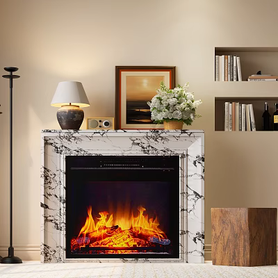 Marble Fireplace With Table Lamp Radio Painting And Flowers On Mantel Near Bookshelves With Books 3d model