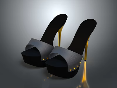 Stylish Black High Heel Sandals with Golden Heels and Gray Decorations 3d model