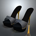 Stylish Black High Heel Sandals with Golden Heels and Gray Decorations
