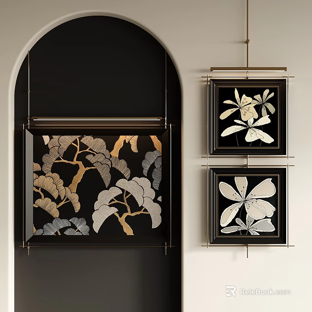 Modern Abstract Paintings with Black Frames and Gold Floral Patterns for Wall Decor 3d model