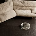 Beige Modern Sectional Sofa Upholstered With Metal Legs Potted Plant And Cat On Cushion