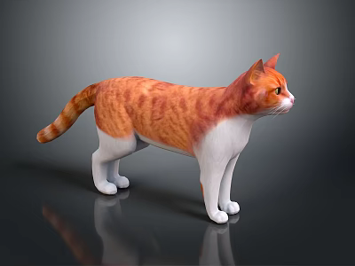 Orange striped and white cat standing on reflective black surface with gray background 3d model