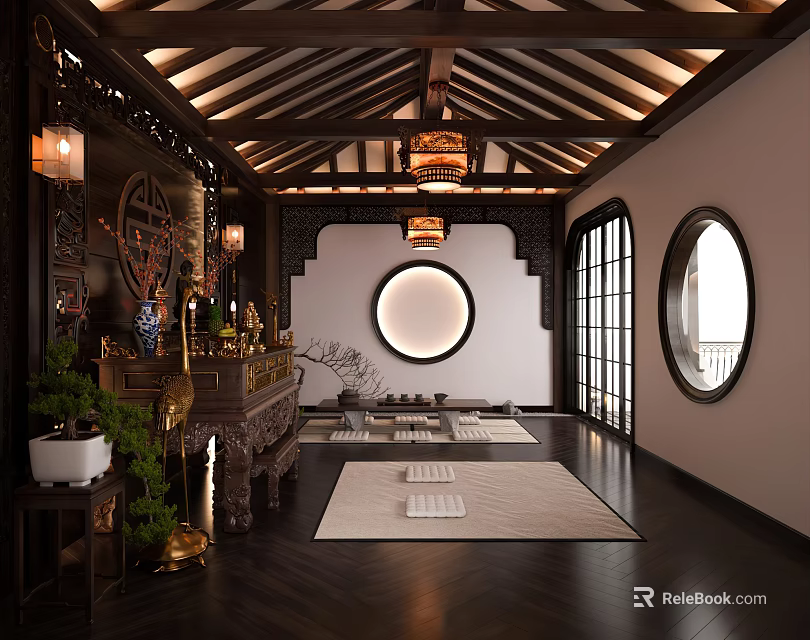 Traditional Chinese Religious Worship Space With Wooden Roof Lantern Chandeliers And Altar Decorations 3d model 
