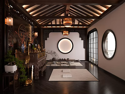 Traditional Chinese Religious Worship Space With Wooden Roof Lantern Chandeliers And Altar Decorations 3d model