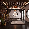 Traditional Chinese Religious Worship Space With Wooden Roof Lantern Chandeliers And Altar Decorations