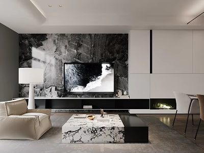 Modern TV Wall Interior Design with Marble Texture and White Storage Cabinets 3d model