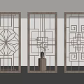 Chinese Style Decorative Screens With Geometric Patterns And Central Vase 3d model