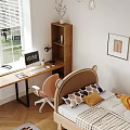 Cozy Kids Bedroom With Bear Ear Headboard Plaid Sheets Pillows Desk And Decorative Paintings