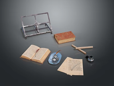 Vintage Stationery With Metal Stand Open Book Inkwell Papers And Wooden Sticks 3d model