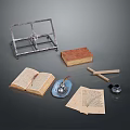 Vintage Stationery With Metal Stand Open Book Inkwell Papers And Wooden Sticks