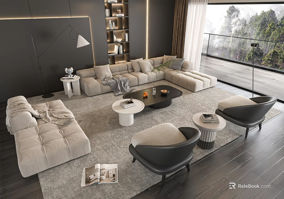 Modern Living Room Sofa Coffee Table Set With Armchairs Area Rug and Scenic View 3d model 