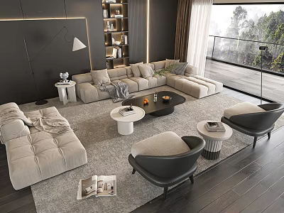 Modern Living Room Sofa Coffee Table Set With Armchairs Area Rug and Scenic View 3d model