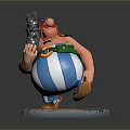 Muscular Cartoon Character In Striped Pants Holding Small Creature With Round Base Green Yellow Details
