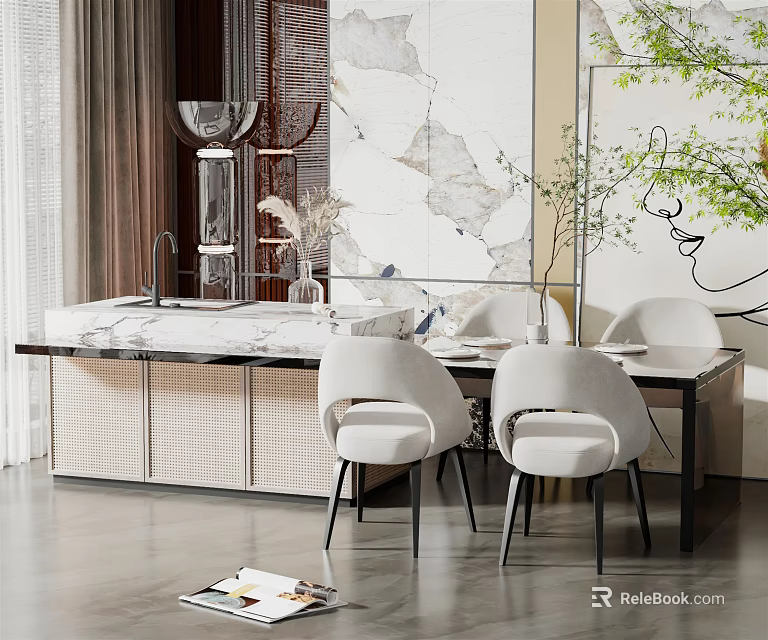 Modern Dining Table Set With White Chairs And Marble Top Decorative Elements 3d model