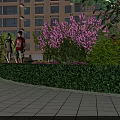 Garden Landscape with High Rise Building Green Shrubs Purple Flowering Trees and Paved Pathway