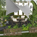 Garden Landscape Design With Green Plants Outdoor Table Chairs String Lights And Wooden Fence