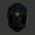 Combat Weapon Helmet With Red Blue Yellow Accents Green Goggle Lenses And Metal Bolt Design