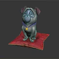 Cartoon Pug Figure Sitting On Red Cushion Wearing Blue Collar With Gold Bell
