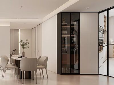 Elegant Modern Restaurant Interior With Dining Table Chairs And Glass Display Cabinet 3d model