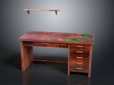 Wooden Desk With Colorful Patterned Top Drawers And Floating Wall Shelf 3d model