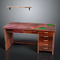 Wooden Desk With Colorful Patterned Top Drawers And Floating Wall Shelf