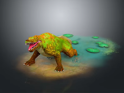 Game Movie Character With Green Orange Skin Sharp Teeth And Lily Pads In Muddy Water 3d model