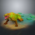 Game Movie Character With Green Orange Skin Sharp Teeth And Lily Pads In Muddy Water