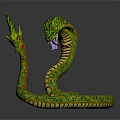 Mythical Multi Headed Snake Creature With Green Scales Open Mouth And Forked Tongue