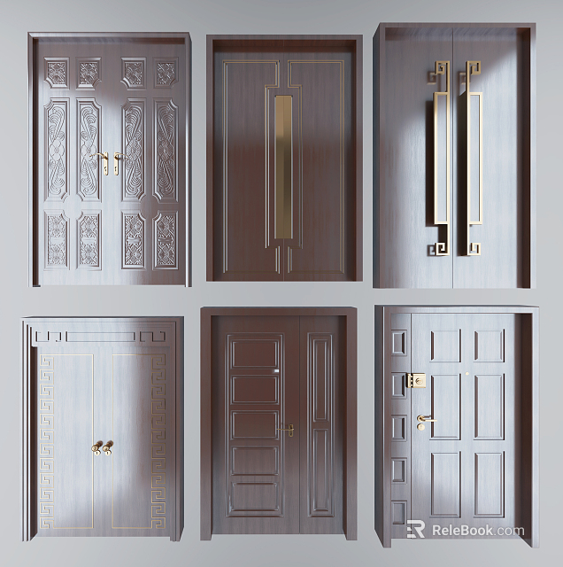 Modern Wooden Double Doors With Metal Handles And Decorative Panel Designs For Home Interior 3d model 
