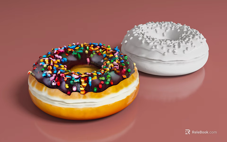 Two Donuts With Chocolate Frosting Colorful Sprinkles And White Frosting Sugar Sprinkles On Pink Background 3d model 