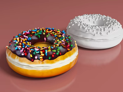 Two Donuts With Chocolate Frosting Colorful Sprinkles And White Frosting Sugar Sprinkles On Pink Background 3d model
