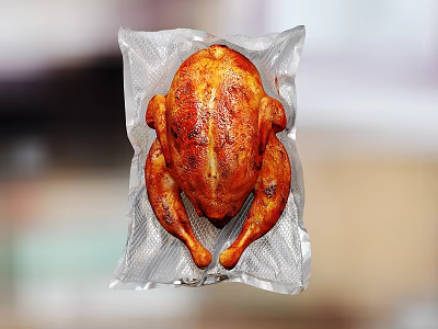 Golden Roast Chicken in Clear Plastic Bag Showing Grilled Marks and Brown Color 3d model