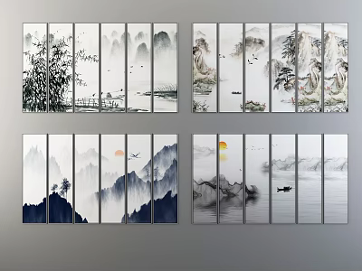 Multi Panel Chinese Landscape Paintings With Mountains Rivers Bamboo Sun Birds And Boat 3d model